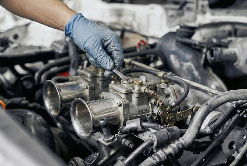 Carburateurs afstellen van klassieke auto's op een testbank